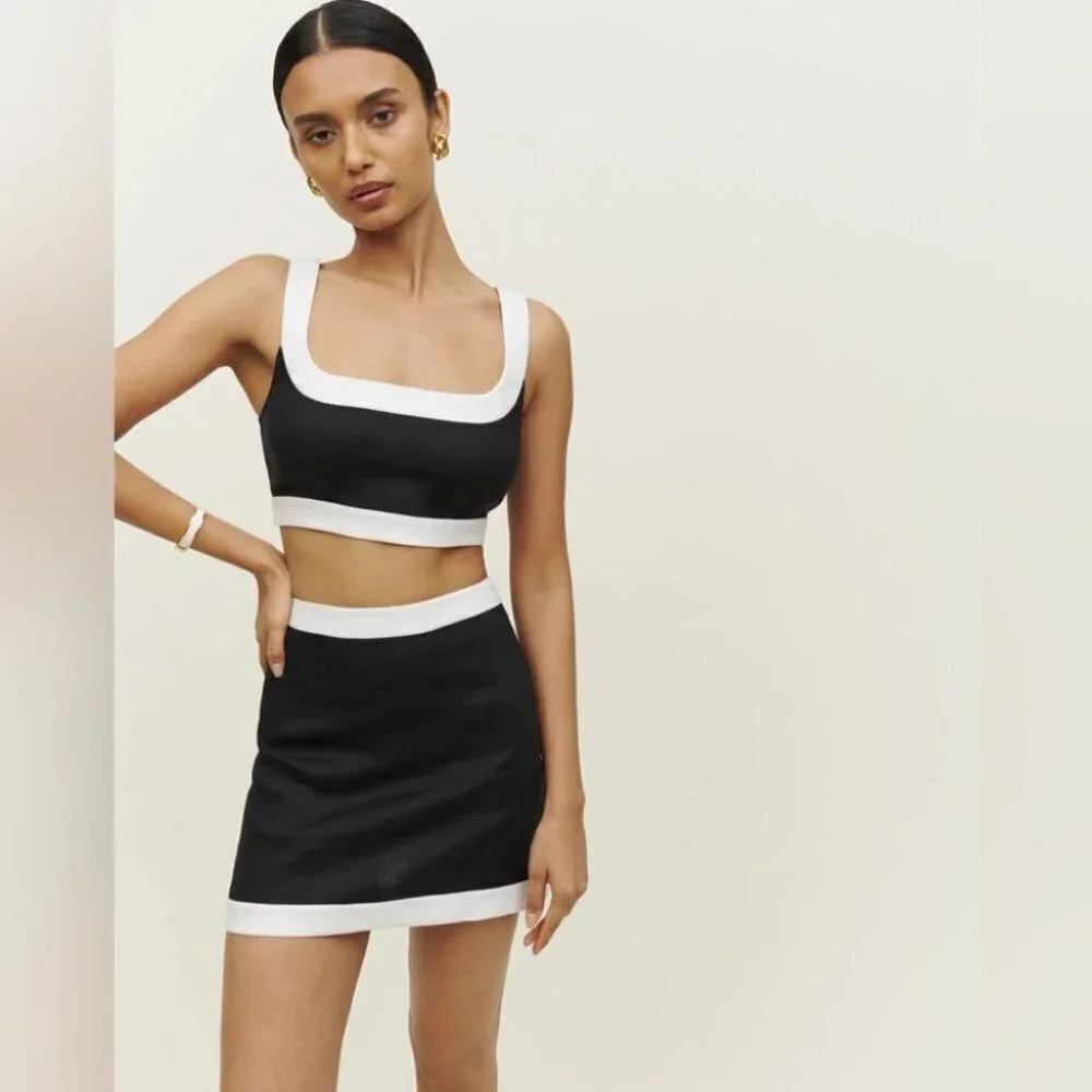 NEW Reformation Robbie Linen Two Piece in Black & White - size 6 - Picture 4 of 11